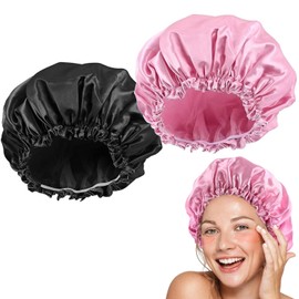 Pack of 2 Satin Women's Shower Caps, Waterproof Hair Caps, Elastic Reusable Shower Cap for Bathing, Spa, Salon Makeup