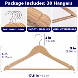 Amber Home 30 Pack Wooden Coat Hangers, Natural Wood Suit Hangers with Non Slip Pant Bar, Clothes Hangers for Shirts, Jackets, Dress, Pant (Natural, 30)