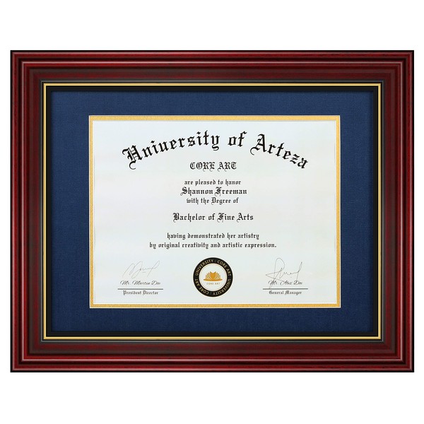 CORE ART 11x14 Diploma Frame Display Certificates 8.5 x 11 with Navy Mat or Documents 11 x 14 without Mat, College Degree Wooden Frame with Tempered Glass for Wall and Tabletop Display(Cherry Red)