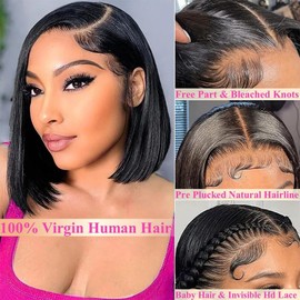 Keytac Bob Wig Human Hair 13x4 HD Lace Front Wigs Human Hair Glueless Wigs Human Hair Pre Plucked Short Bob Wig Lace Frontal Wigs for Black Women 180% Density Straight Wigs Natural Color 10 inch