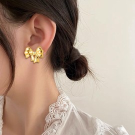 Gold Bow Earrings for Women Trendy Sparkly Rhinestone Stud Earrings Bow Pearl Dangle Earrings Silver Jewelry Prom Wedding Party Dress Jewerly Gifts