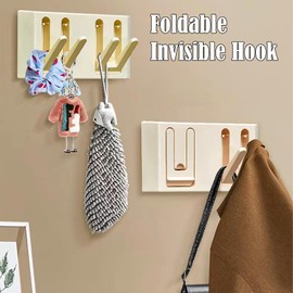 LINCAN Foldable Invisible Hook, Wall Mounted Coat Rack, Floating Rack with Retractable Hooks, Folding Wall Hangers, Heavy Duty Wall Hidden Hook, Self-Adhesive Foldable Coat Hooks (Cream Yellow)