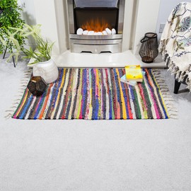 ETHNICITI Multicoloured Cotton Recycled Hand Loom Area Chindi Rag Rug Bohemian Reversible Stylish Mat Peg Shabby Hallway Bedroom Lounge Living Dining Study Utility Room Pet Yoga High Traffic - 60x90cm
