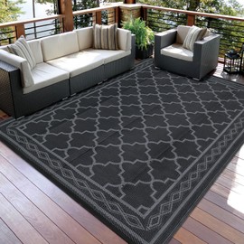 IMINROME Outdoor Rug for Patios Waterproof 5x8 Reversible Rug Geometric Rug Lightweight Rug Plastic Straw Outdoor Rug for Outside, RV, Deck, Picnic, Beach, Trailer, Camping, Black/Grey