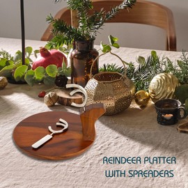 Nambe Reindeer Platter with Antler-Shaped Spreaders - Acacia Wood & Silver Plated, Stunning Festive Serveware for Holiday Entertaining, Excellent Gift Idea, Memorable Christmas Feasts