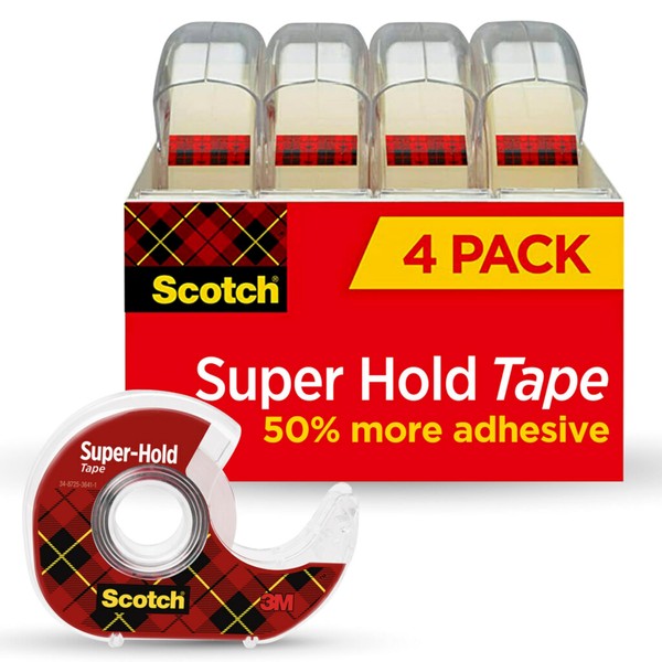 Scotch Super-Hold Tape, 4 Rolls, Transparent Finish, 50% More Adhesive,