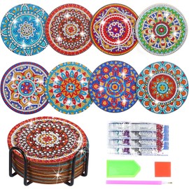 Vecibel Pack of 8 Diamond Painting Coasters with Holder, DIY 5D Diamond Art Painting Mandala Diamond Painting Adult Diamond Painting Sets, DIY Mandala Coasters for Crafts, Adults, 15 x 12 x 6 cm