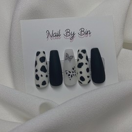 [Handmade Nail Tips] Matte Black Cow Nails - Short Oval / [수제네일팁] 매트블랙카우 네일 - 숏오벌