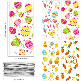 Blulu 100 Pcs Treat Bags Easter Candy Bags Easter Egg Bunny Chick Carrot Clear Cellophane Gift with 100 Silver Twist Ties for Party Supplies, 4 Style