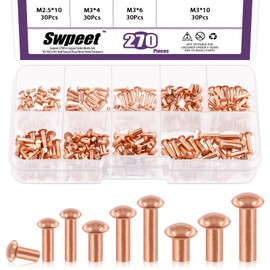 Swpeet 270Pcs M2 M2.5 M3 Half Round Head Copper Solid Rivet Metal Fasteners Set, Copper Solid Rivets Rivet Fastener Ideal for Electrical Applications Belts Wallets Collars Leather DIY Craft Supplies