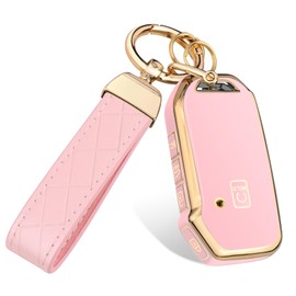 FT FUNTOR for Kia Key Fob Cover,Compatible with Kia Soul Forte Telluride K5 Seltos NIRO Sportage Sorento,5 Buttons TPU for K5 Key Fob Cover with Golden Edge (Pink)