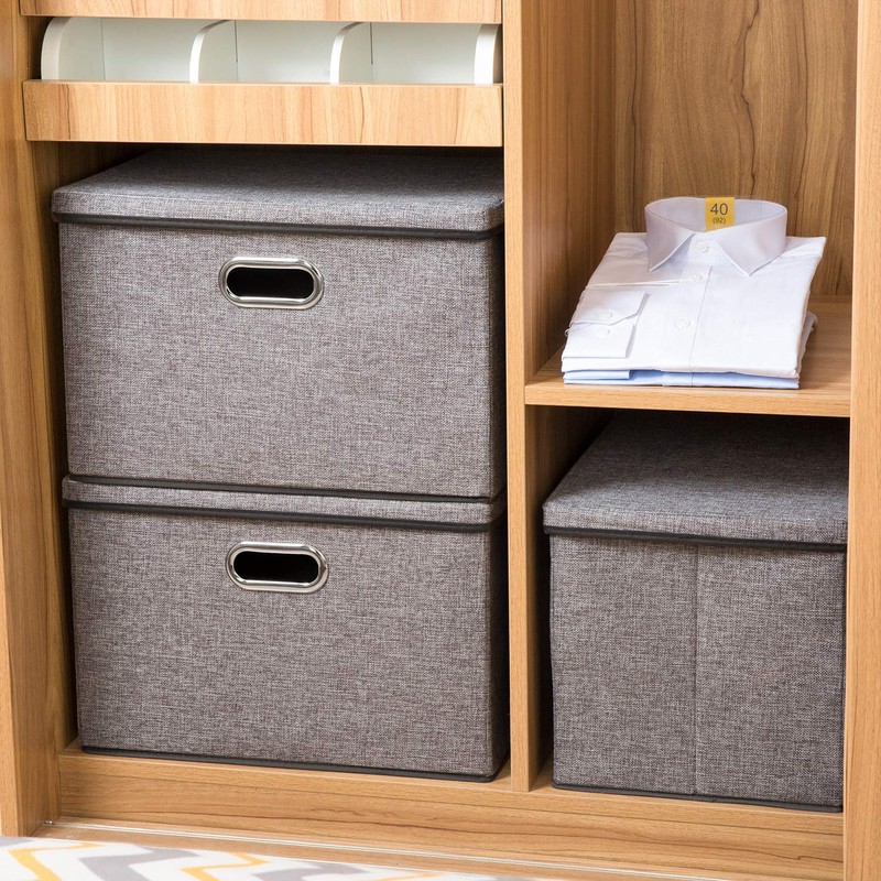 PRANDOM Large Collapsible Storage Bins with Lids [3-Pack] Linen/Cotton Blend