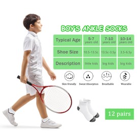 Bemeol Boys Socks 12 Pairs Boy Ankle Socks Kids Athletic Cotton Sports Low Cut Casual Sock(7-10 Years)