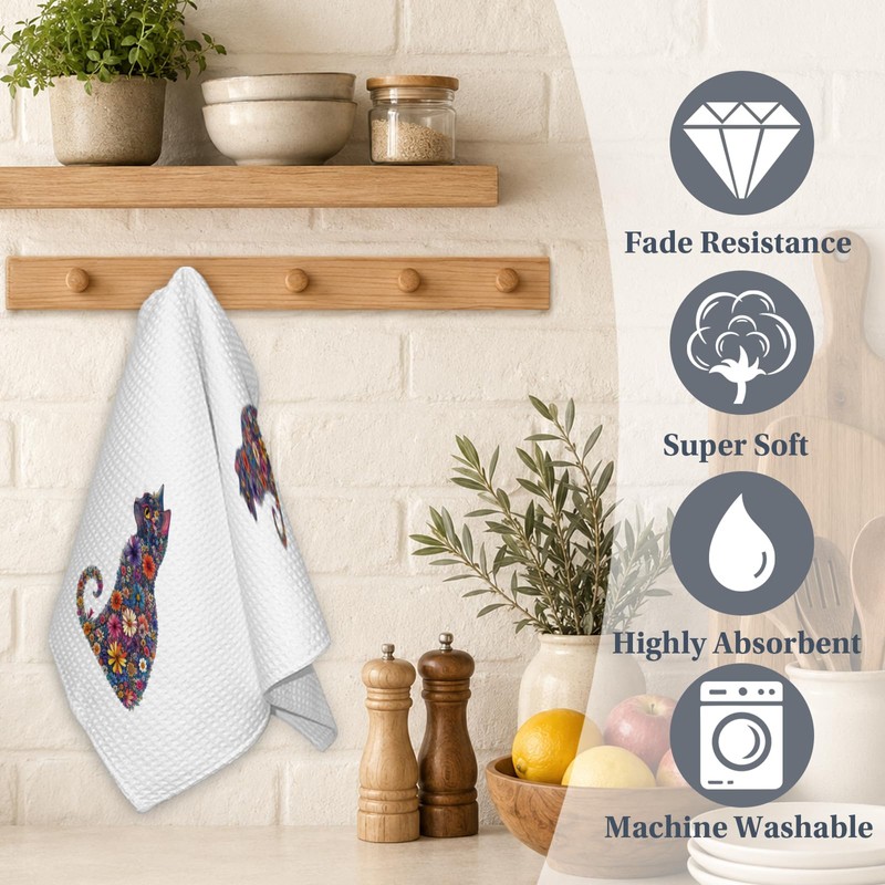 Floral Cat Kitchen Towel, Colorful Kitten Hand Towel for Cat
