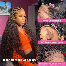 Deep Wave Lace Front Wigs Human Hair 13x6 HD Transparent Lace Frontal Human Hair Wig for Black Women 100% Real Curly Human Hair Wigs Pre Plucked with Baby Hair 180% Density (Black, 18 inch)