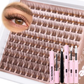 Brown Lash Clusters Kit Dark Brown Eyelash Clusters Gently Fluffy Individual Lashes Kit Natural DIY Lash Extensions Kit Brown Cluster Eyelash Extensions Kit with Lash Bond and Seal, Remover, Tweezers