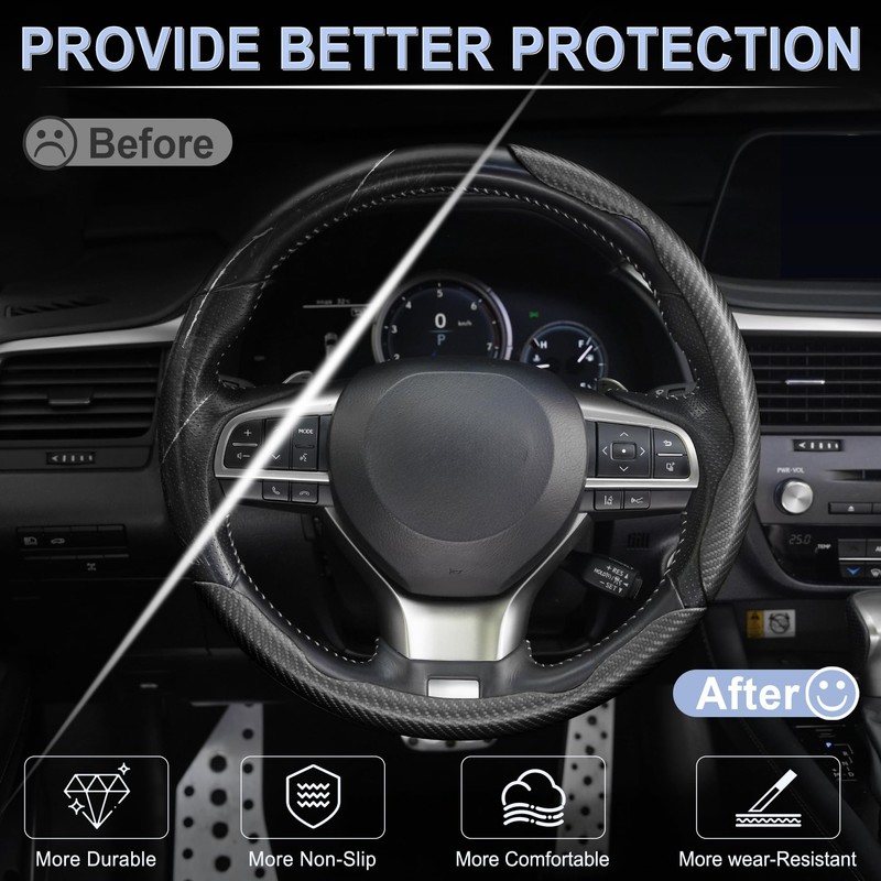 Amiss 3pcs Carbon Fiber Anti-Skid Steering Wheel Cover, Waterproof &