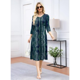 Soesdemo Womens Blue Green Wave Dresses 3/4 Sleeve V Neck Pleated Button Down Casual Loose Fit Flowy Boho Printed A Line Beach Vacation Shift Midi Sundresses with Pockets