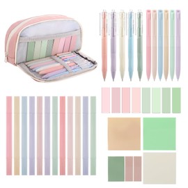 38Pcs Aesthetic Stationery Supplies with Pink Pencil Case, 12 Pastel Highlighters, 6 Colour Pens, 5 Black Gel Pens, 8 Magnet Bookmark and 6 Sticky Notes Stationery Set for Students School Office