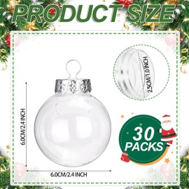 30Pcs Clear Christmas Ornament Ball, 2.4 Inches Transparent Fillable Tree Ornaments with Removable Silver Cap Hanging Cords, Flat Plastic Round Ball for Xmas Holiday Home Party Decor DIY Crafts