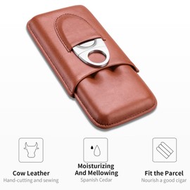CIGARLOONG Cigar Case Leather Travel Cigar Humidor 3 Tube with Stainless Steel Cutter(Color:Brown)