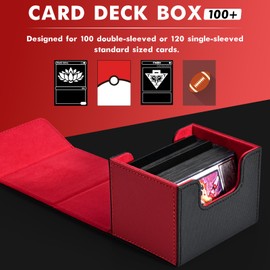 ZLCA Card Deck Box for Trading Cards, MTG Commander Deck Box Holds 120+ Single Sleeved Cards, Leather Magnetic Card Storage Box Fits for TCG CCG Magic Cards (Red& Black)