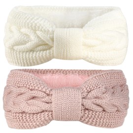 Pack of 2 Women's Winter Headbands, Knotted Knitted Headband, Women's Knitted Ear Warmers, Hair Band, Thick Headwrap Hair Bands, Girls Ear Warmers Headbands (White + Pink)
