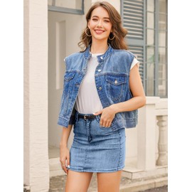 Leovqn Denim Vest Women Cropped Jean Vest Top Button Down Crewneck Casual Summer Sleeveless Jean Waistcoat Jacket - S