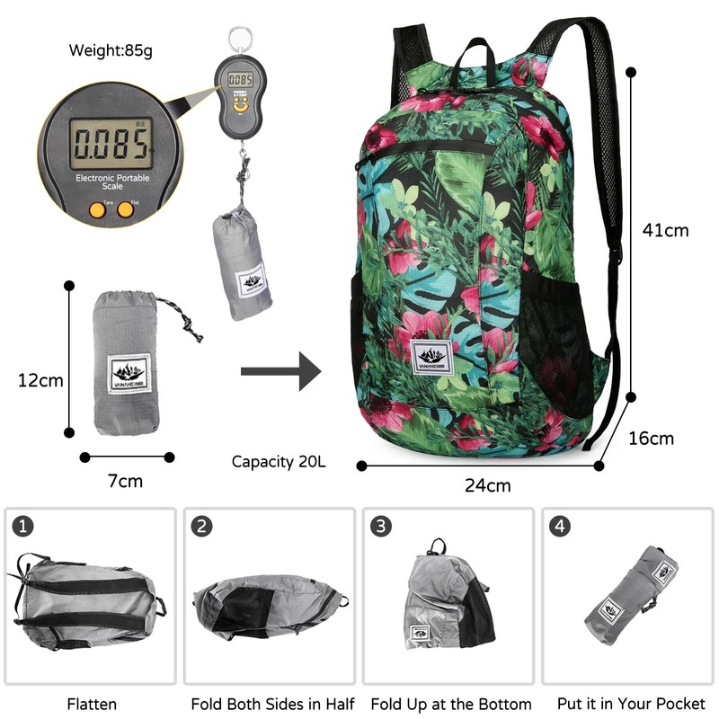 PORRASSO Hiking Backpack Foldable Waterproof Daypack 20L Lightweight Rucksack Backpack