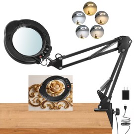 Upgrade 12X Magnifying Glass with Light and Stand, Real Glass Magnifying lamp, 5 Color Modes Stepless Dimmable, 84 LEDs, Magnifier with Light Hands Free for Close Work, Reading Craft Repair