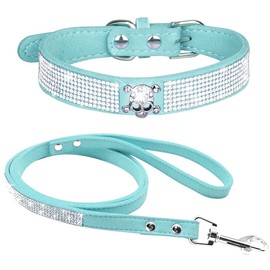 haoyueer Rhinestone Dog Collar Cute Iridescent Sparkly Soft Suede Leather Dog Cat Rhinestone Leash Crystal Diamond Pet Puppy Collar (L, Blue-5)