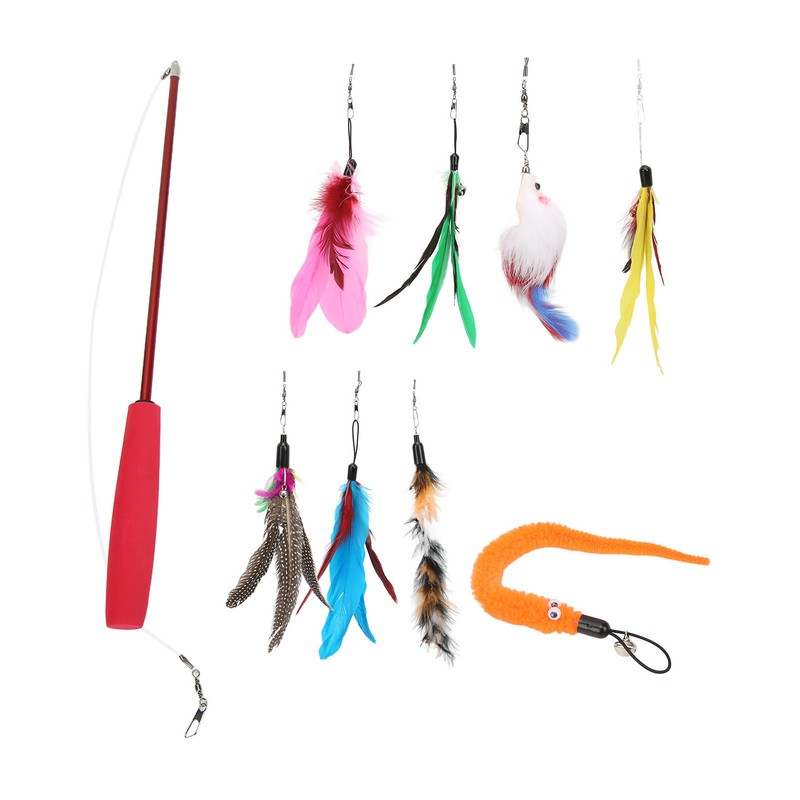 9pcs Cat Feather Wand Toy 3 Sections Retractable Cat Interactive