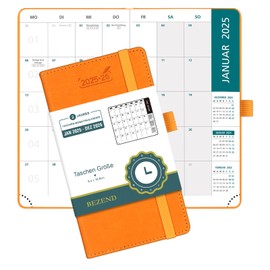 BEZEND 2 Year Monthly Pocket Diary 2025/2026 Small 16.8 x 9.4 cm - 1 Month on 2 Pages, 96 Pages, PU Leather Hardcover - Monthly Planner from Jan 2025 to Dec 2026 in German, Orange