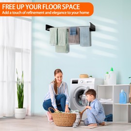 FOCHIER F Laundry Drying Rack Wall Mounted Clothes Drying Rack Collapsible 31.5" Wide with 13.2 Linear Ft and 5 Aluminum Rods Drilling Template Long Screwdriver Bit 60 lbs Capacity Black