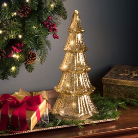 Haute Decor 14 Inch Battery Operated Lighted Mercury Glass Gold Christmas Tree with Built-in Timer and 20 Warm White Lights