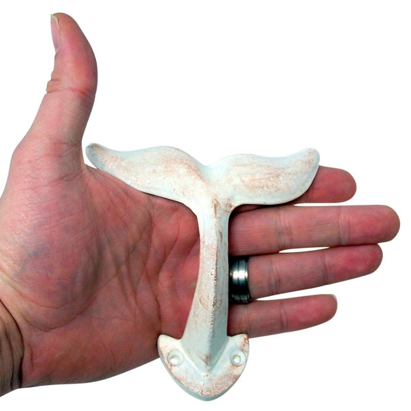 Wowser Rustic White Cast Iron Whale Tail Wall Hooks, 4