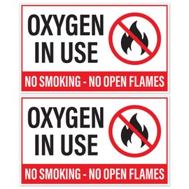 Oxygen in Use No Smoking No Open Flames Stickers, Weatherproof Self Adhesive Vinyl, White/Black/Red, 5" x 3" - Pack of 2
