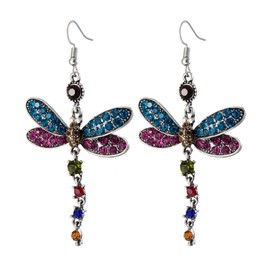 Vintage Retro Dragonfly Crystal Beads Dangle Drop Statement Earrings for Women Mother Lover Girlfriend Gift Exaggerated Rhinestone Animal Earring Friendship Jewelry-A rainbow