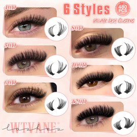 Volume Lash Clusters 480pcs Cluster Eyelash Extensions 12-18mm Eyelash Clusters D Curl Individual Lashes for DIY Lash Extension at home by Wtvane (40D+50D+60D+80D+100D+120D)