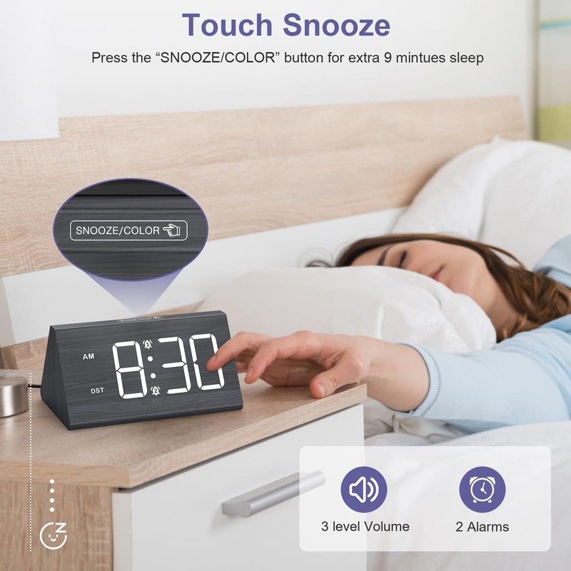 OQIMAX Wooden Alarm Clock for Bedrooms, Digital Alarm Clocks with