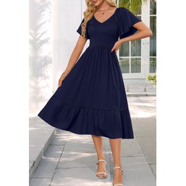 MEROKEETY Women's V Neck Smocked Midi Dress Ruffle Sleeve Elastic Waist Flowy Dress with Pockets, Navy, L