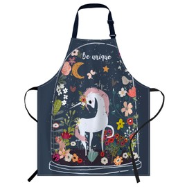 Smooffly Unicorn Floral Moon Apron,Adjustable Neck Bib Apron for Men Women,Suitable for Kitchen Cooking Waitress Chef Apron