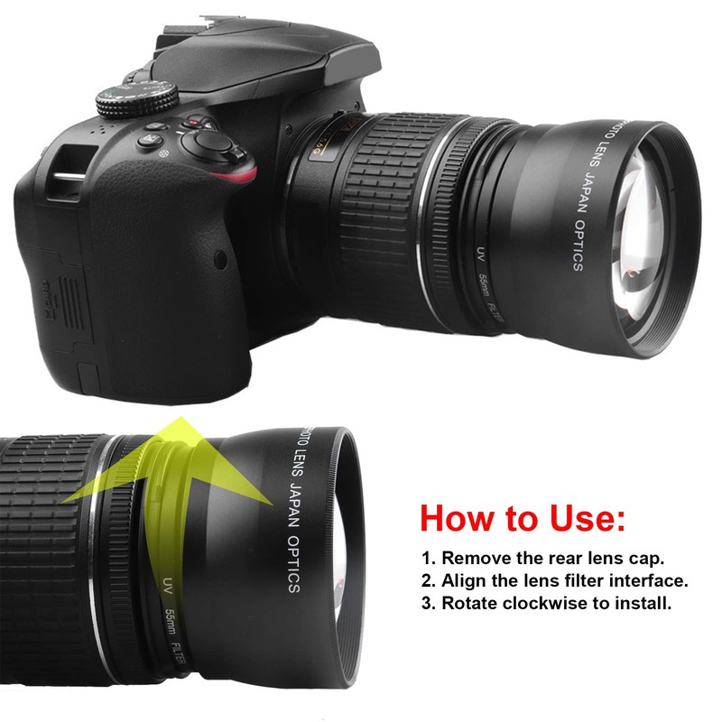 55mm 2X Camera Magnification Lens,Alloy 2X Telephoto Optical Glass Lens,