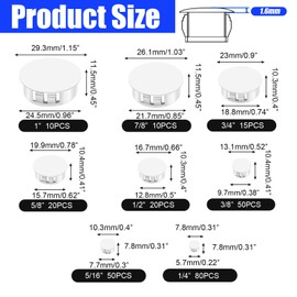 255PCS 8 Sizes White Plastic Hole Plugs, Round Drilling Hole Cover Plugs for Cabinet Shelves, Flush Type Panel Knockout Locking Plastic Plugs Insert End Caps (1/4" 5/16" 3/8" 1/2" 5/8" 3/4" 7/8" 1")