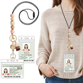 AmazingSpark Retractable Lanyard for ID Badge and Key with 2 Waterproof Card Holder Cute Teacher String with Badge Holder and Reel Silicone Beaded for Woman Nurse Office School(Leopard Print)
