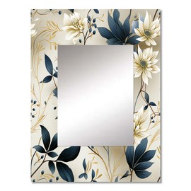 DesignQ White Botanical Harmony I Floral Wall Mirror, Printed White Wall Mirror, Traditional Bathroom Wall Mirror, Decorative Floral Mirror - 24x32 Inches