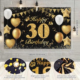Happy 30th Birthday Banner 30th Photo Backdrop Black Gold Birthday Party Background Supplies Backdrop Props, Birthday Decorations for Men and Women 30th Backdrop Banner Photo Booth Sign 180×110cm