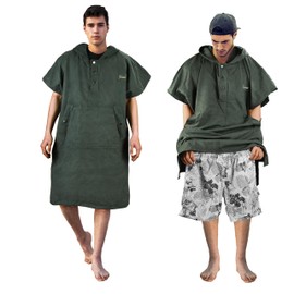 Kato Tirrinia Microfibre Bathing Surf Poncho for Men Women Adults, Large Hooded Beach Towel Poncho, Camping Travel Outdoor, Collar Button Beach Poncho, Bathrobe Comfortable Travel Sauna, Army Green