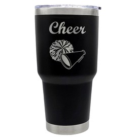 Premium 30 oz Cheer Black Tumbler with Slider Lid – Insulated Stainless Steel Tumbler with Pom Poms and Megaphone Design – Perfect Cheer Gifts for Girls, Cheer Coach, Cheerleading Enthusiasts