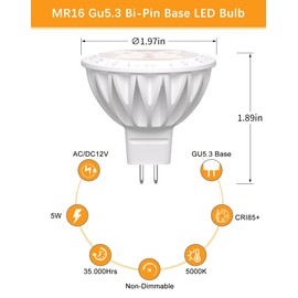 GOHDLAMP MR16 5000K Daylight LED Bulbs 6-Pack 5W 510LM GU5.3 Workshop & Garage Lighting Non-Dimmable 38° Beam Angle for Landscape, Recessed, Track Lighting